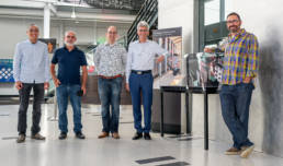 Cerebras founders Sean Lie, Gary Lauterbach, Michael James, Jean-Philippe Fricker and Andrew Feldman with the Wafer-Scale Engine display at the Computer HIstory Museum in Mountain View, California.