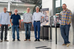 Cerebras founders Sean Lie, Gary Lauterbach, Michael James, Jean-Philippe Fricker and Andrew Feldman with the Wafer-Scale Engine display at the Computer HIstory Museum in Mountain View, California.