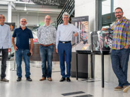 Cerebras founders Sean Lie, Gary Lauterbach, Michael James, Jean-Philippe Fricker and Andrew Feldman with the Wafer-Scale Engine display at the Computer HIstory Museum in Mountain View, California.